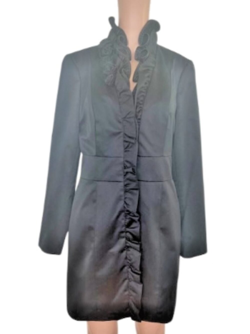 WHBM Lightweight Black Coat Elegant Pleated Collar & Ruffle Detail Size 8